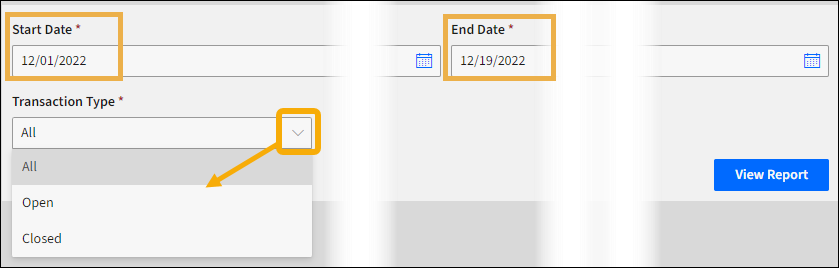 Batch report filter selections with yellow highlight boxes around the date fields and the drop down arrow menu.